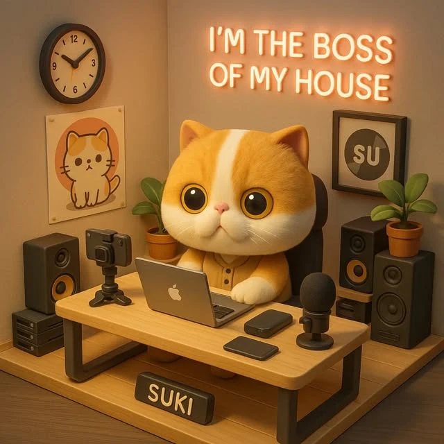 Ilustración de un gato blanco y naranja ante un ordenador, con un letrero que dice que es el jefe de la casa
