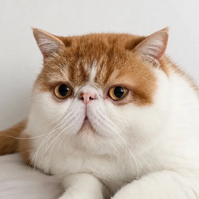 Suki, gato Exótico de Pelo Corto blanco y naranja, mirando a cámara
